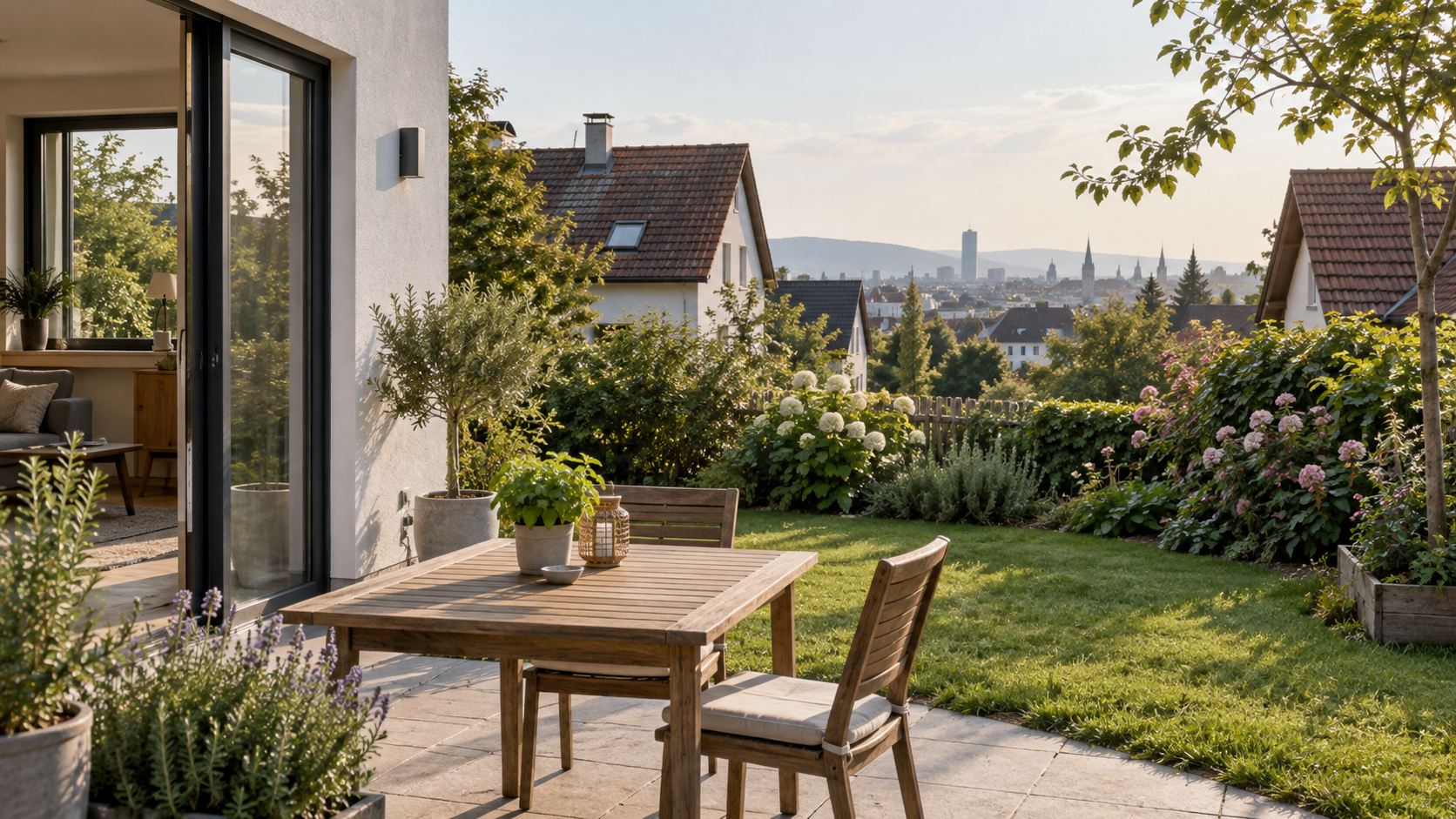 Gartenterrasse eines Wohnhauses mit Blick in Richtung Stadt