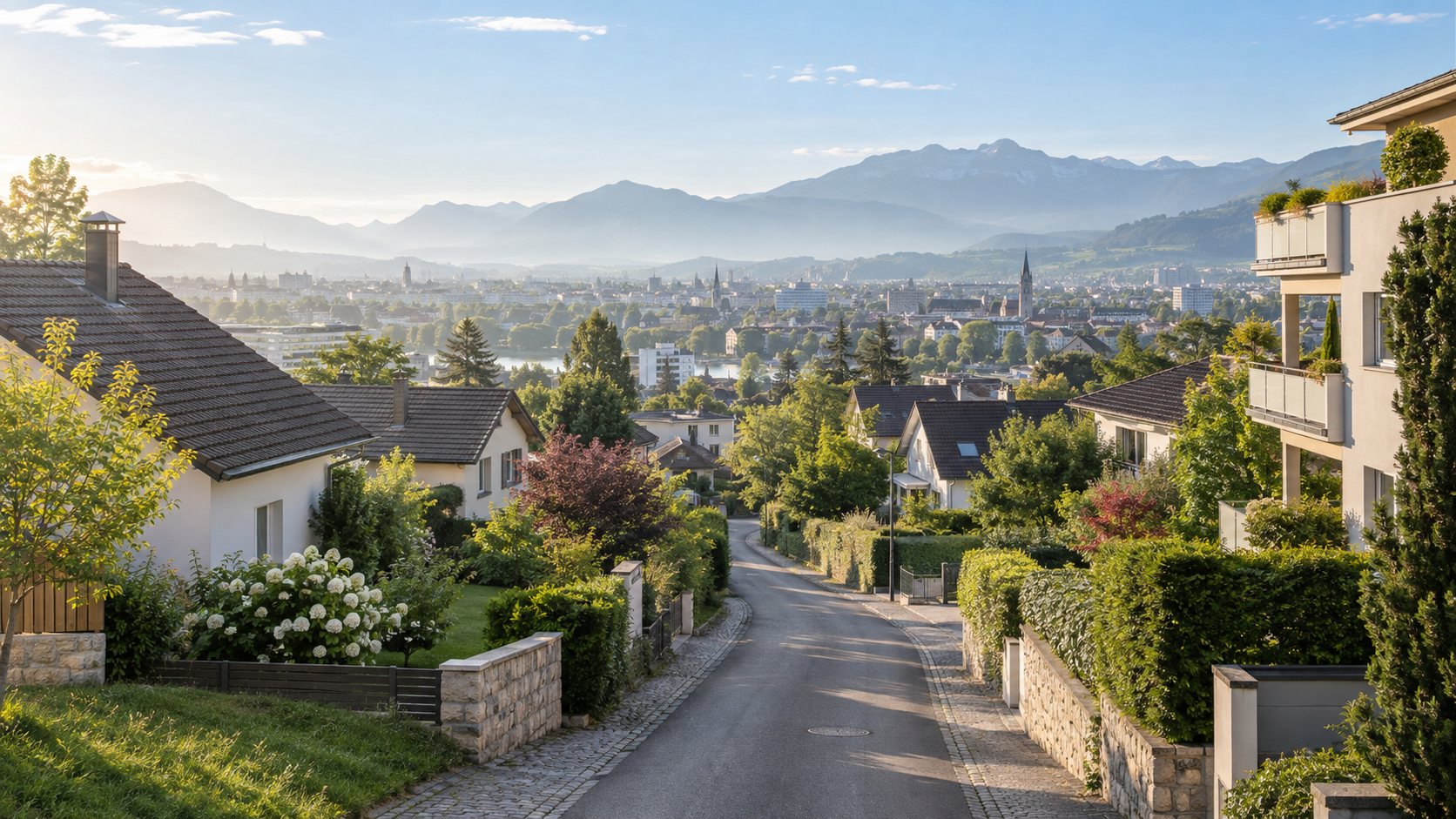 Grüne Wohnstraße mit Blick auf eine österreichische Stadt